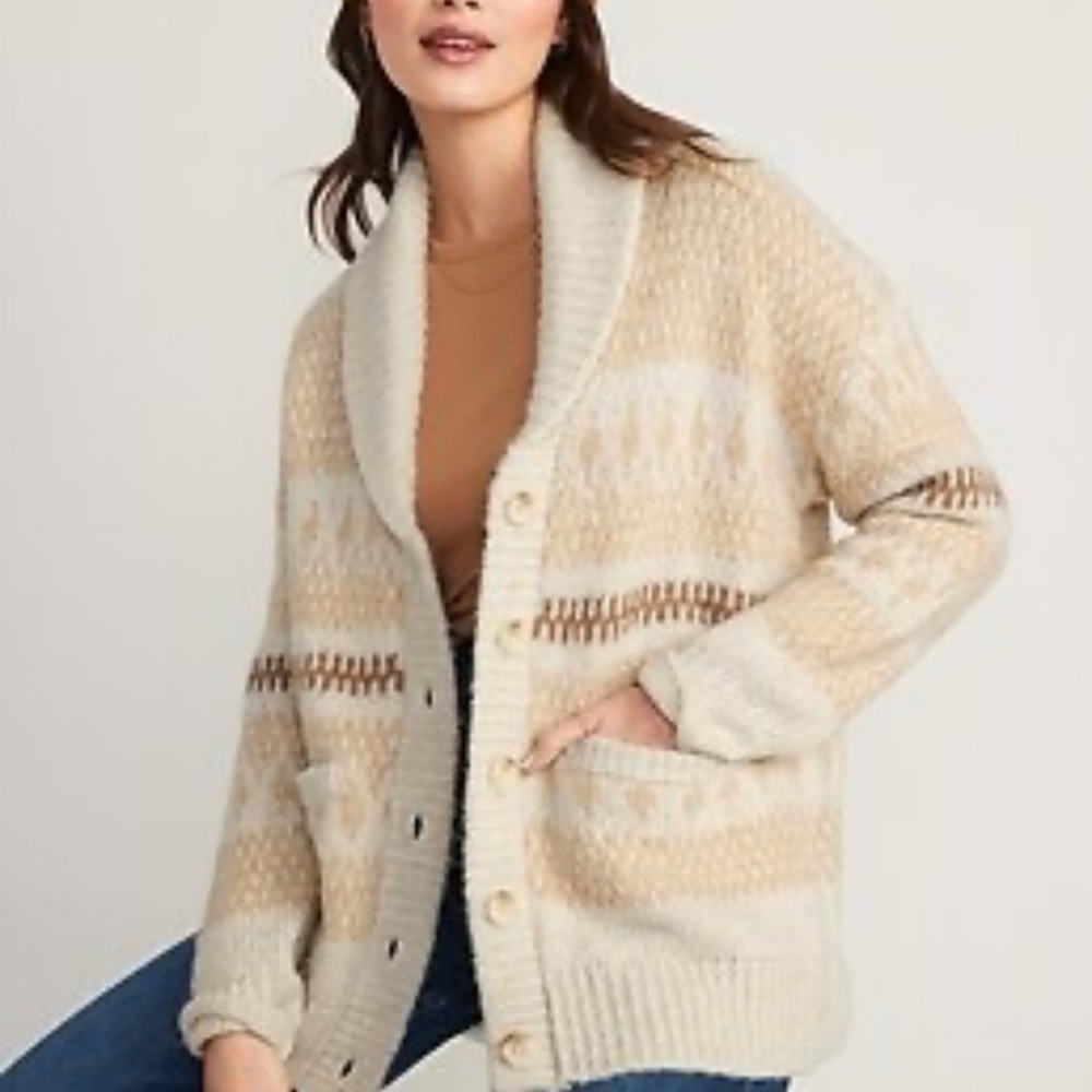Old Navy L cozy fair isle The Dude grandpa shawl collar nordic cardigan …